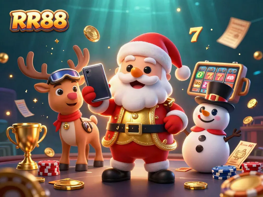 RR88's festive illustration showcases a Santa character and friends celebrating in a vibrant casino atmosphere.