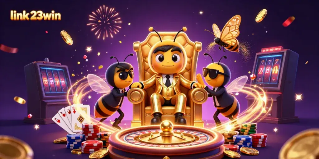 Experience thrilling gameplay at link 23win with a vibrant 3D casino scene featuring animated characters.