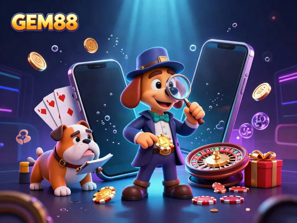 Play slots and win with GEM88 while following a detective and bulldog in a vibrant casino scene.