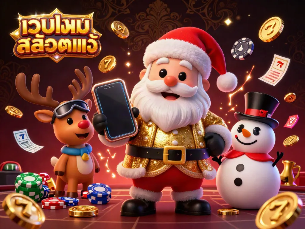 Engage with thrilling gameplay as Santa Claus shares jackpot slots in a festive casino scene, highlighting เว็บเกมสล็อตแท้.