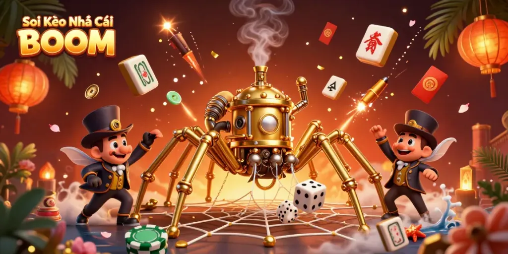 Soi Kèo Nhà Cái BOOM features a whimsical steampunk spider and a Victorian fly gentleman in a vibrant gambling-themed setting, surrounded by dynamic elements.