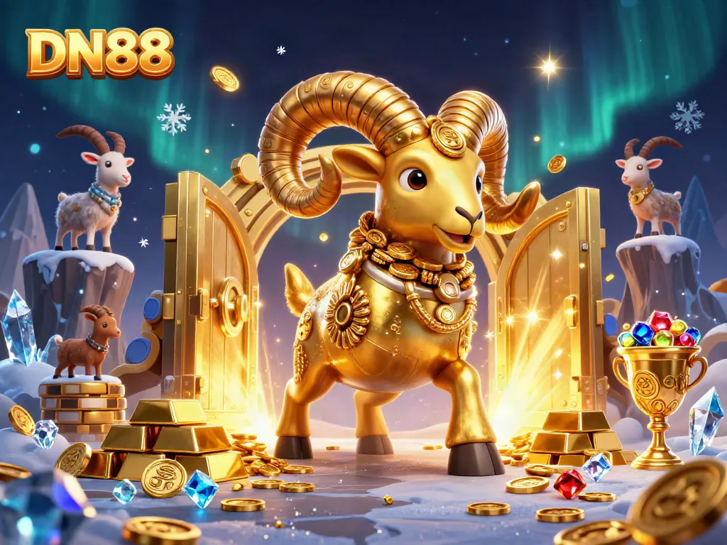 Enjoy thrilling gameplay at DN88 with majestic golden ram amidst swirling gems and riches.