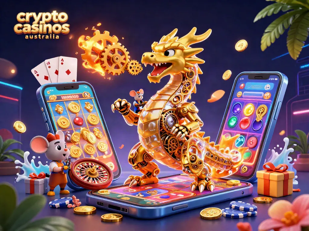 Engage with crypto casinos Australia featuring a biomechanical dragon and slot games.