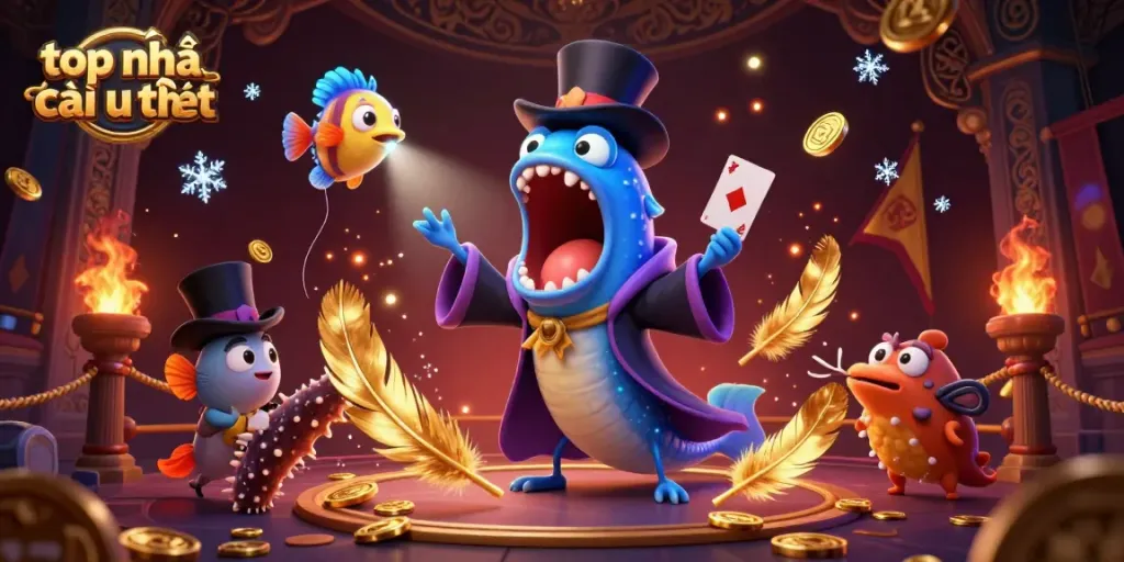 Join top nhà cái uy tín in a vibrant casino setting with unique sea creatures performing magic tricks.