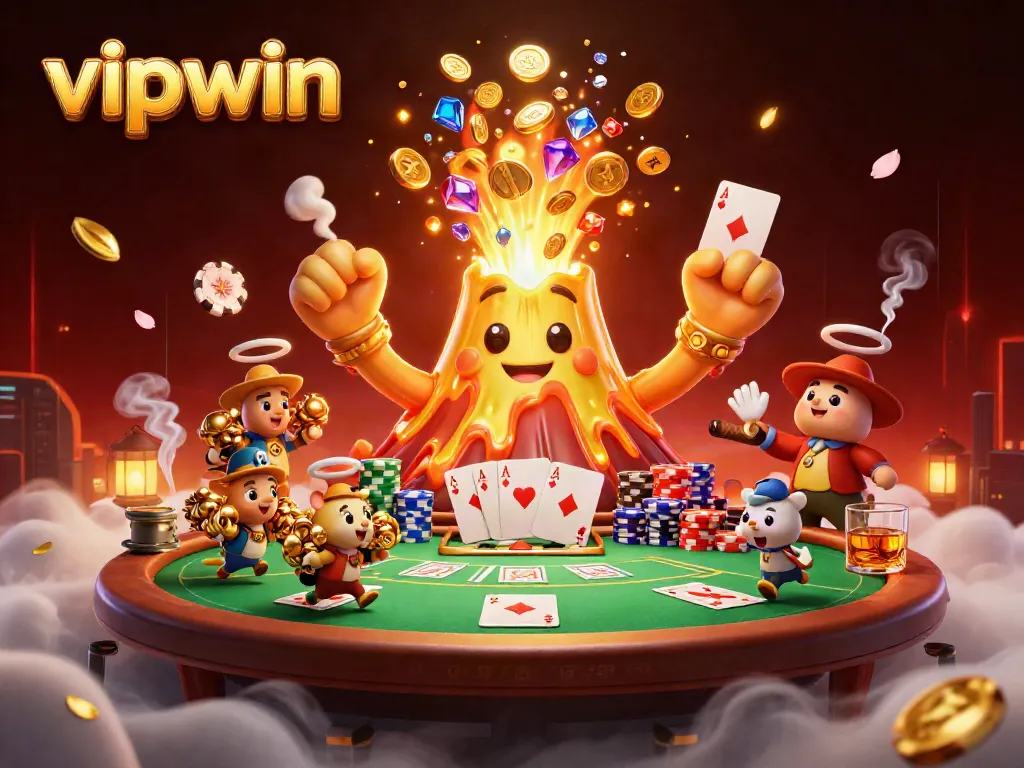 Experience dynamic gameplay at vipwin with a golden volcano erupting treasures over a rich casino scene.