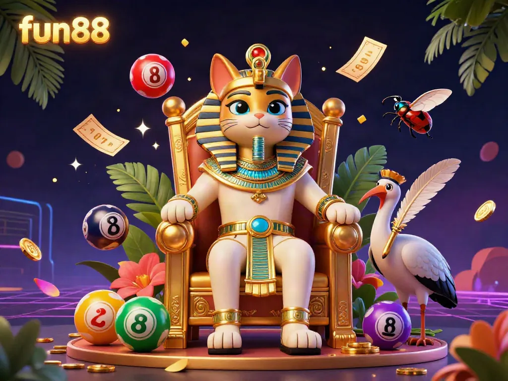 Engage with fun88's dynamic lottery games featuring a pharaoh cat and vibrant elements.