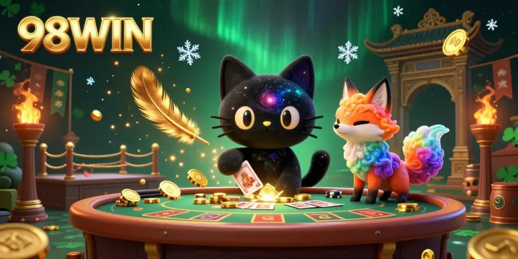 Experience 98WIN's thrill as the cosmic cat pulls in chips at a vibrant casino.