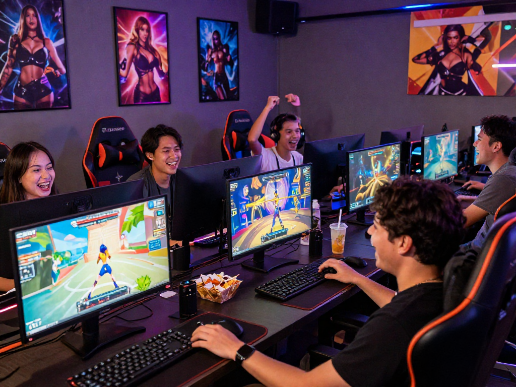 Enjoying vibrant game sex experiences with friends in a lively gaming café.