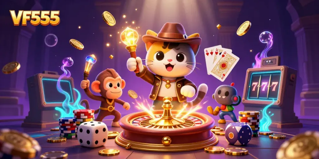 Experience the adventure at VF555 casino with vibrant characters and treasures amidst dynamic gaming elements.