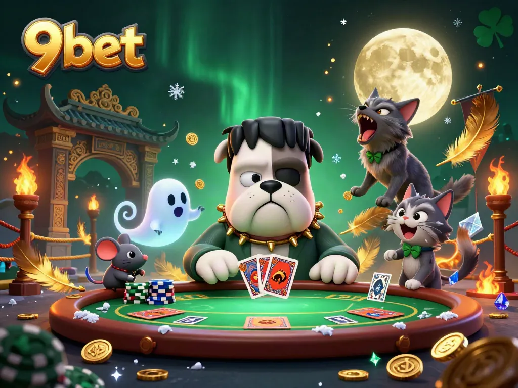 Experience thrilling gameplay with 9bet's exciting scene featuring a Frankenstein bulldog dealer and a werewolf kitten!