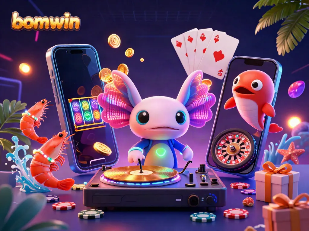 Experience thrilling fun with bomwin as axolotl DJ spins vibrant games and glowing casino elements.