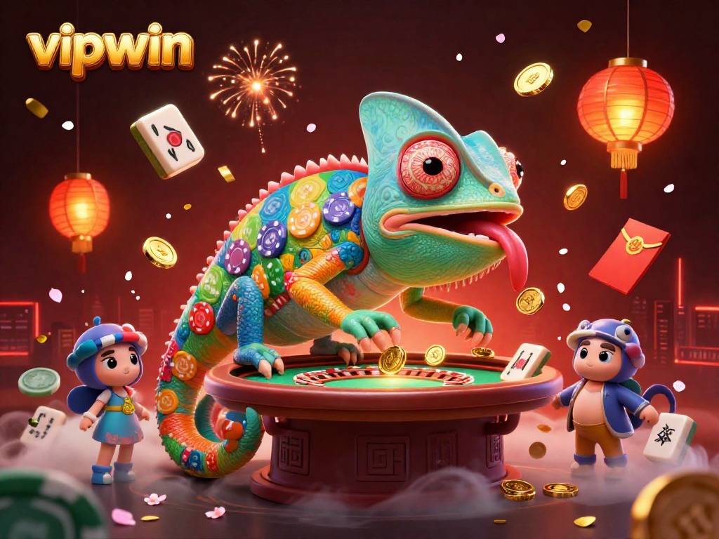 Experience thrilling gambling action with VIPWIN's vibrant casino scene illustrated by a playful chameleon.