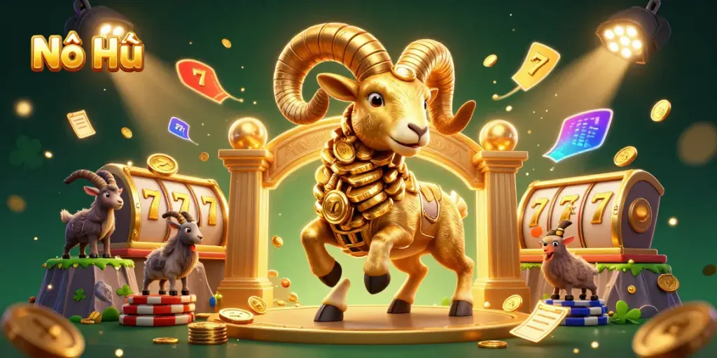 Engage with Nổ Hũ's exciting gameplay featuring golden slot symbols and an energetic golden ram.