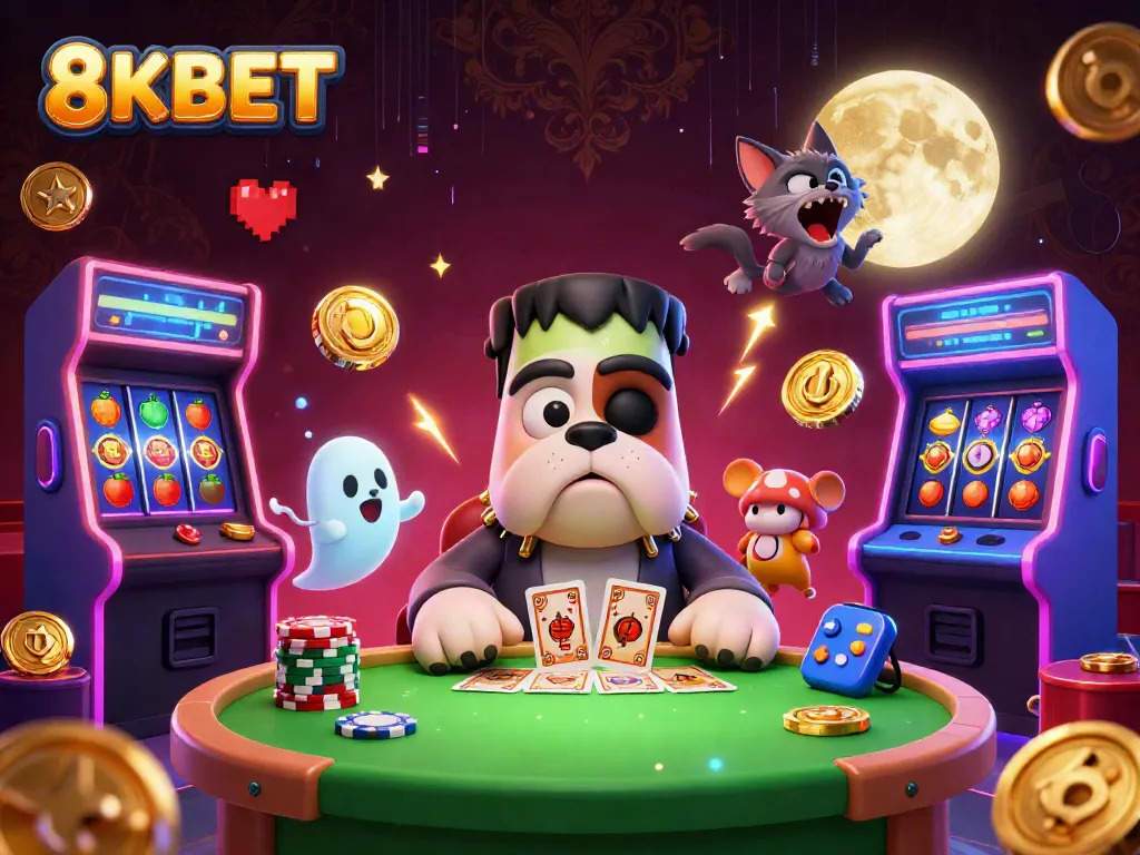 Experience thrilling gameplay at 8KBET with a lively scene of monsters and vibrant casino elements.