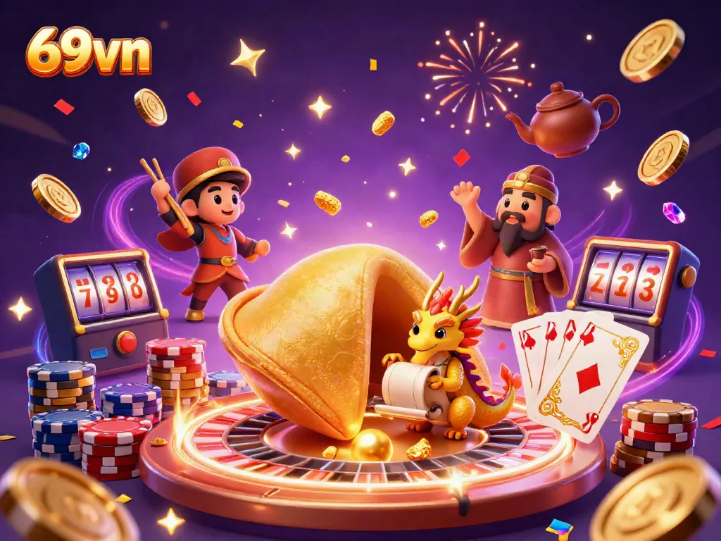 Engage in thrilling gameplay at 69vn with a vibrant illustration of a golden fortune cookie revealing fortunes, surrounded by casino elements.