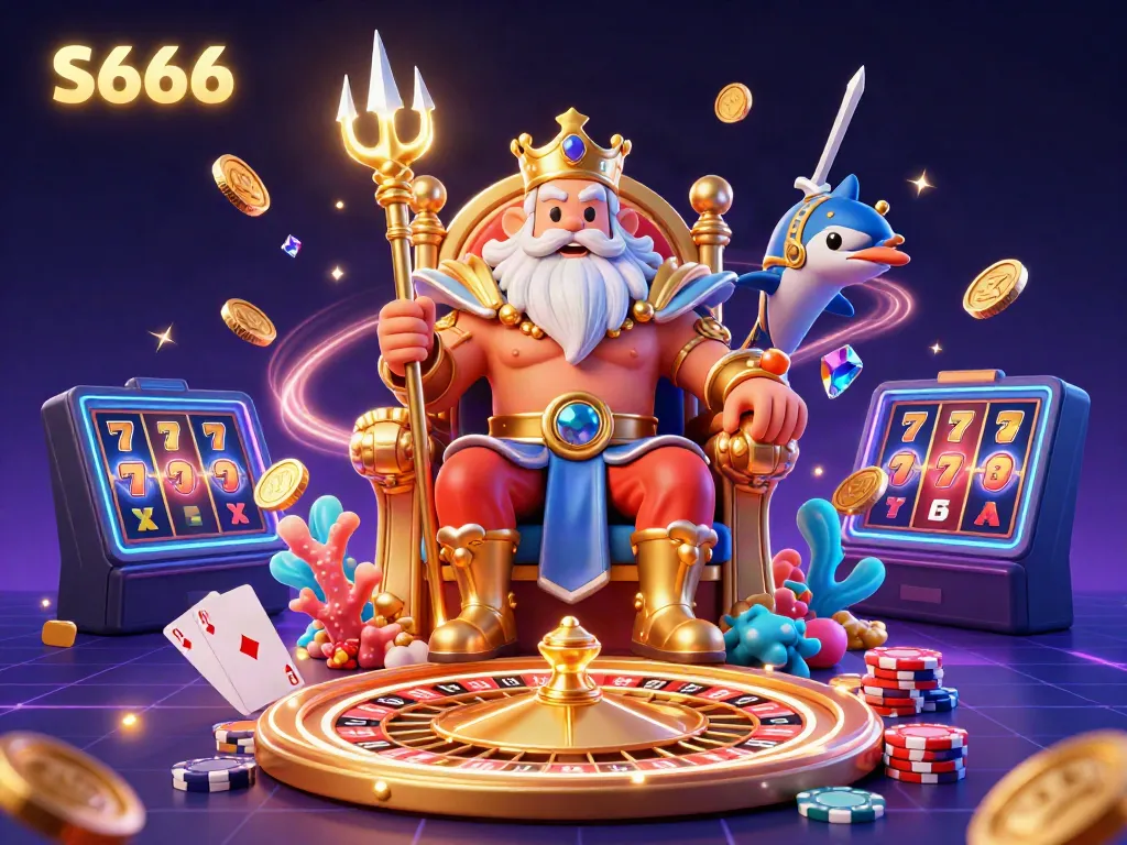 S666 inspires excitement with Neptune, gold coins, and vibrant casino elements.