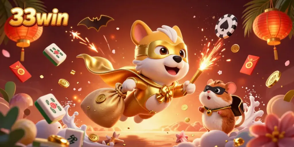 Win big with 33win in this vibrant illustration featuring a superhero dog and gambling elements.