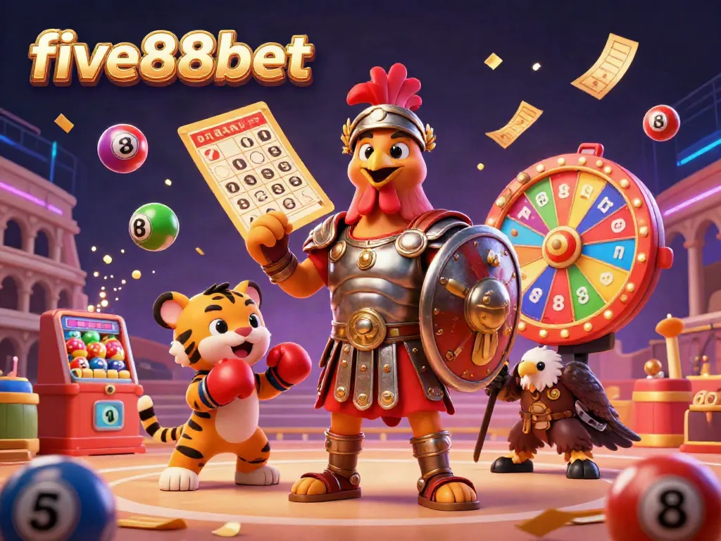 Experience the excitement of five88bet with a 3D cartoon gladiator rooster, dynamic game elements, and vibrant colors.