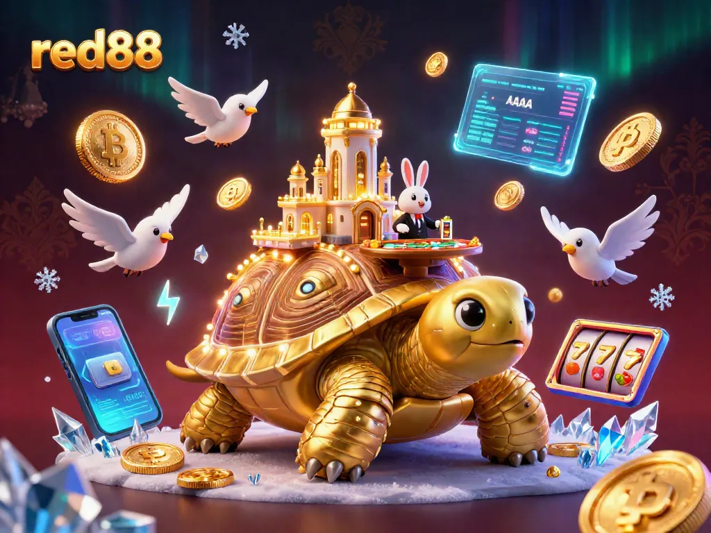 Engage with the excitement of red88 as a giant cartoon tortoise showcases a vibrant casino scene.