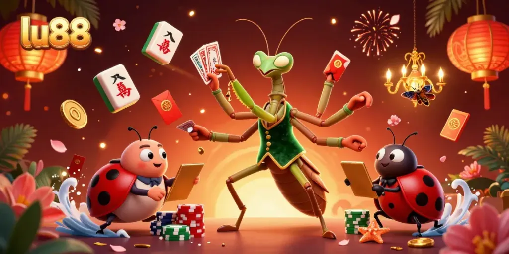 Experience thrilling action at lu88 with a vibrant gaming scene featuring a giant praying mantis, ladybug pit boss, and enchanting game elements.
