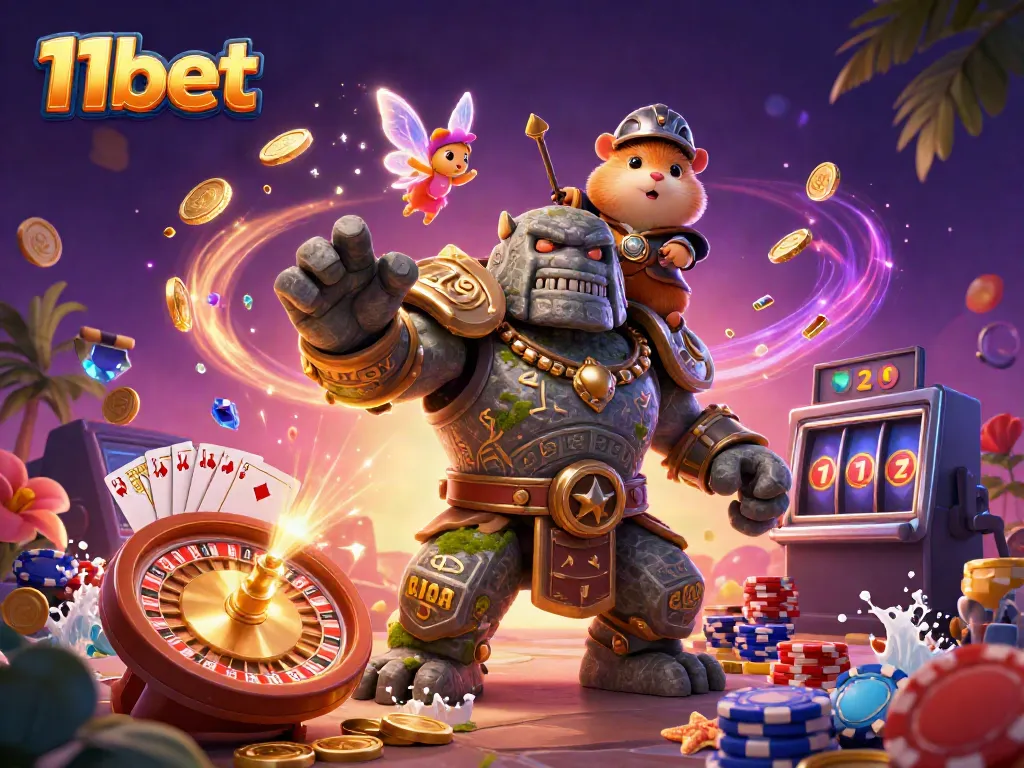 Experience the excitement of 11bet's casino with dynamic characters and sparkling game elements.