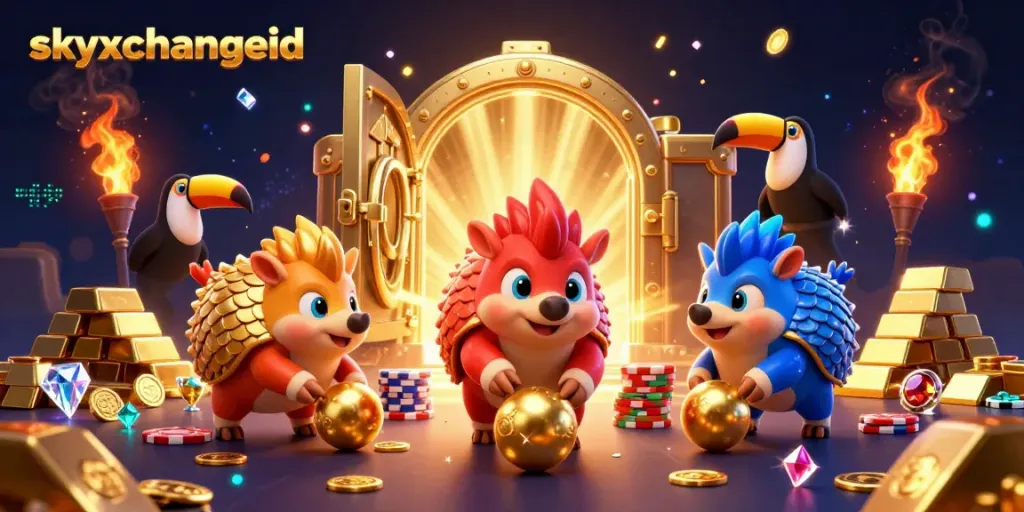 Rival pangolins in colorful armor bet with casino chips under the skyxchangeid banner.