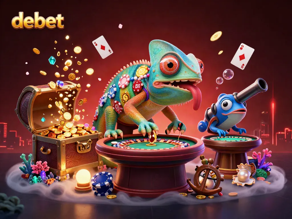 Engage with an exciting debet casino illustration featuring a vibrant chameleon character with colorful poker chips and dynamic gaming elements.