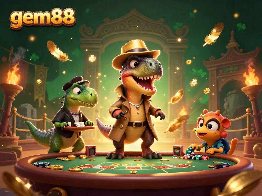 Experience thrilling blackjack action at gem88 with a velociraptor and friends in a vibrant casino scene.