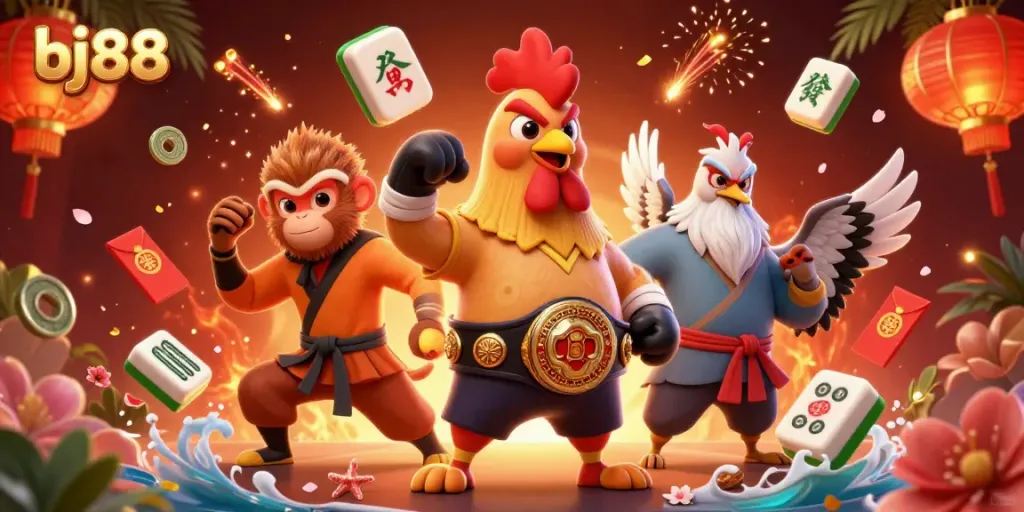Experience the excitement of bj88 with a dynamic casino scene featuring 3D characters and rich gaming elements.