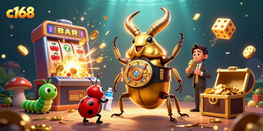 Experience thrilling wins at c168 with vibrant 3D casino illustration featuring dynamic characters and game elements.