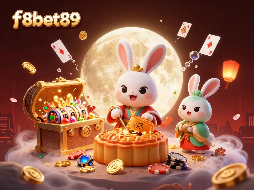 Experience thrilling gameplay at f8bet89 with a vibrant 3D illustration featuring the moon rabbit and casino elements.