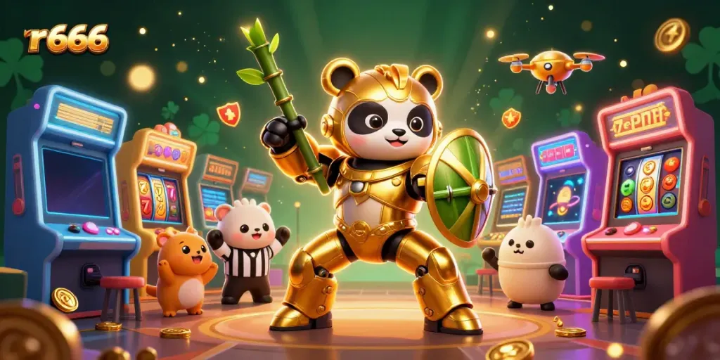 Experience the excitement of r 666 with an energetic 3D scene showcasing a golden panda in a mech-suit amidst vibrant casino themes.