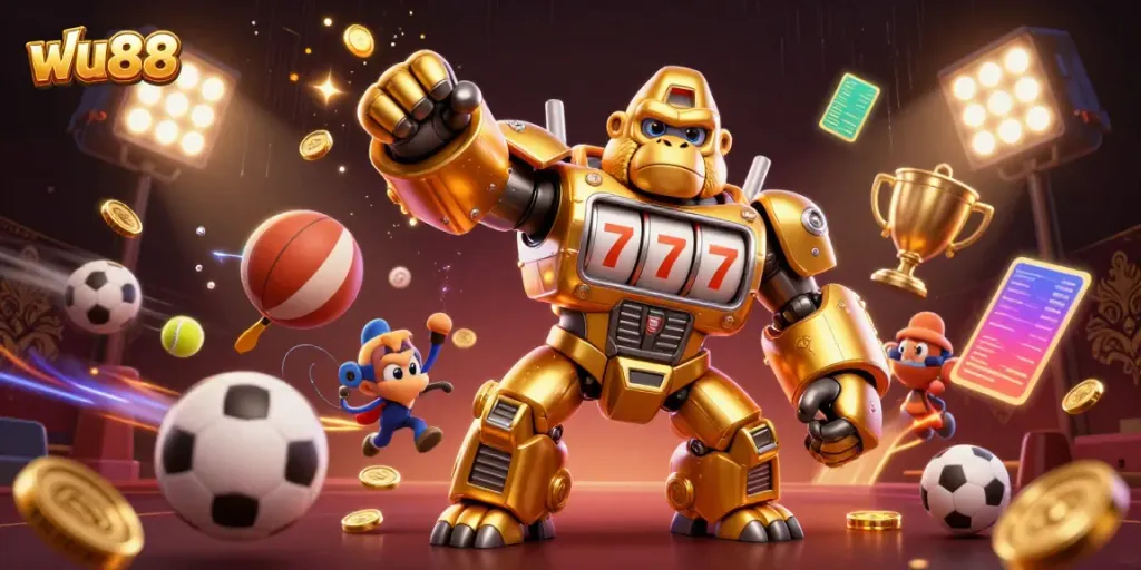 Experience thrilling gambling action with ฟัน88's dynamic 3D gaming scene featuring a golden gorilla mech.