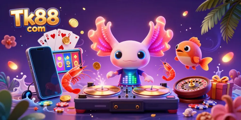 Experience the excitement of Tk88 com with a colorful underwater DJ scene featuring gaming elements and vibrant characters.