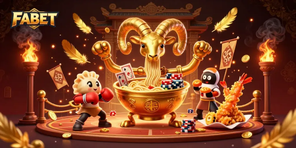 FABET features a dynamic scene with a golden ramen bowl dealing cards and chips among gambling-themed elements.
