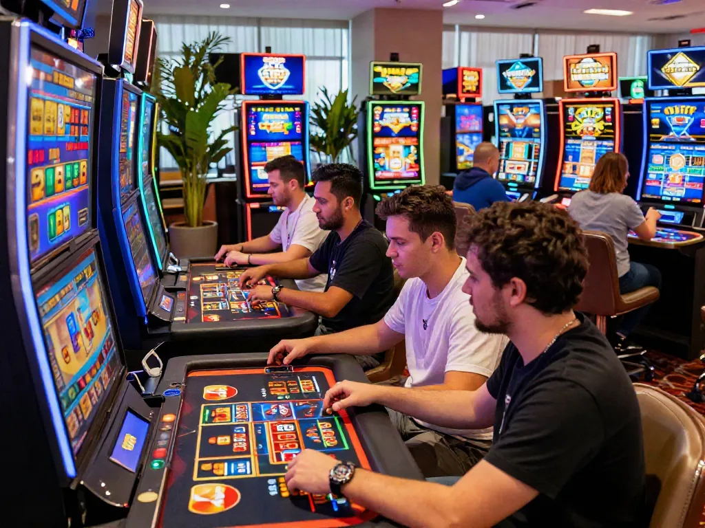 Players enjoying thrilling games at the best credit card casinos, surrounded by vibrant lighting and promotional banners.