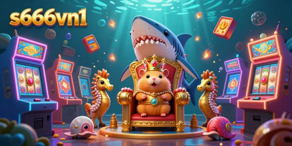 S666vn1 showcases a vibrant underwater casino world with a golden hamster king and floating gaming elements.