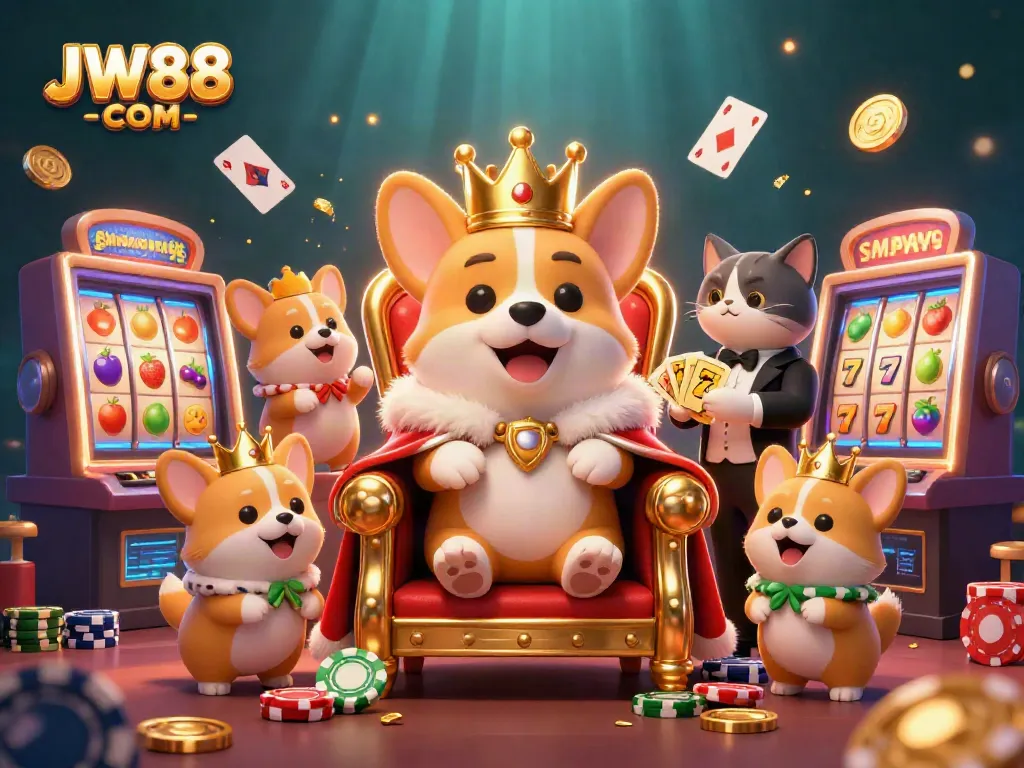 Experience thrilling gaming with JW88 COM featuring a royal corgi on poker chips and vibrant slot machines.