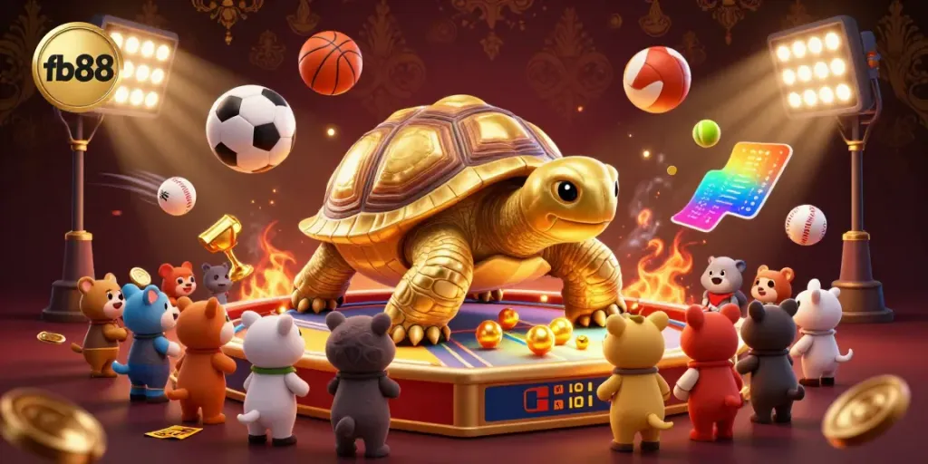 Engage with fb88 at a vibrant 3D casino setting featuring a golden tortoise pinball machine.
