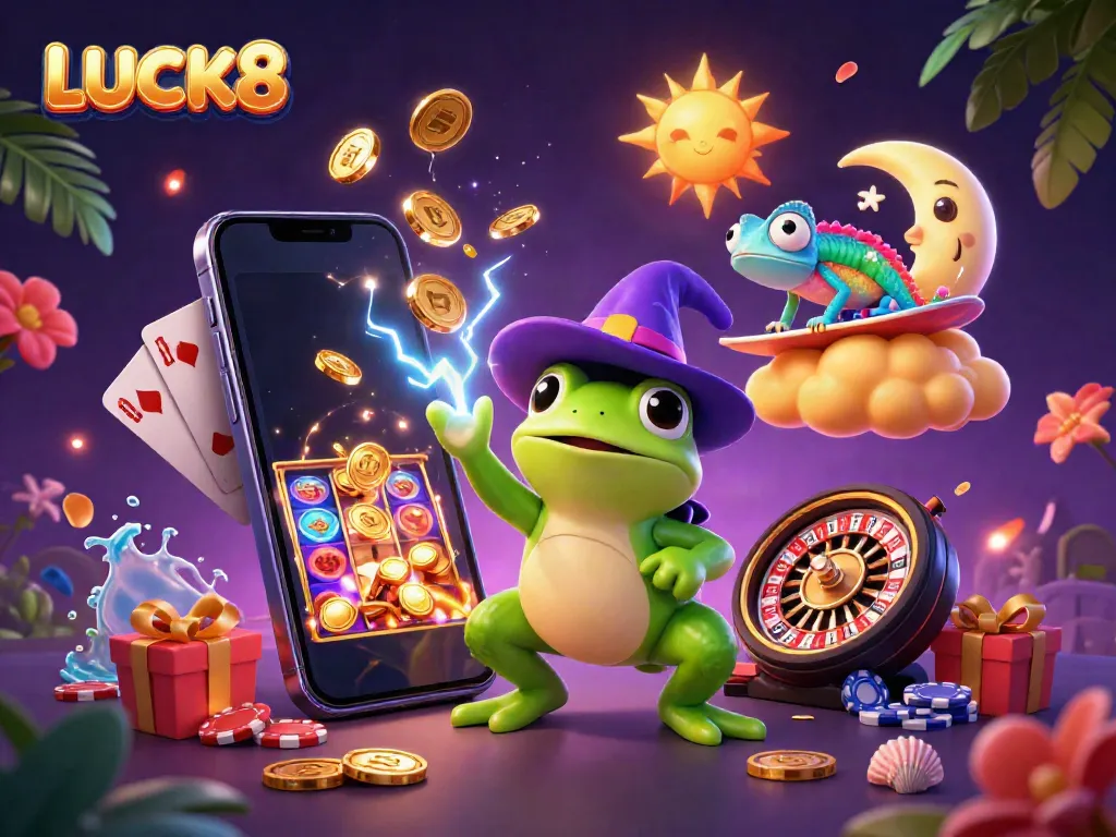 Engage in LUCK8's vibrant gaming experience with animated characters amidst a storm of golden coins.