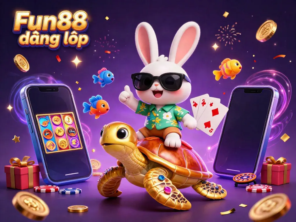 Play Fun88 đăng nhập with friendly rabbit and sea turtle amid vibrant casino elements and golden coins.