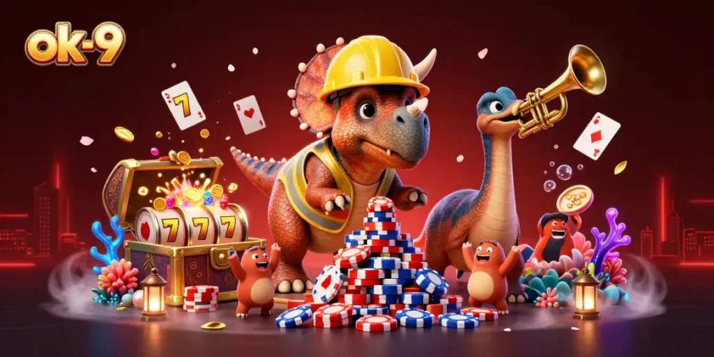Experience the vibrant energy of ok-9 with a triceratops building poker chip pyramids in a colorful casino scene.