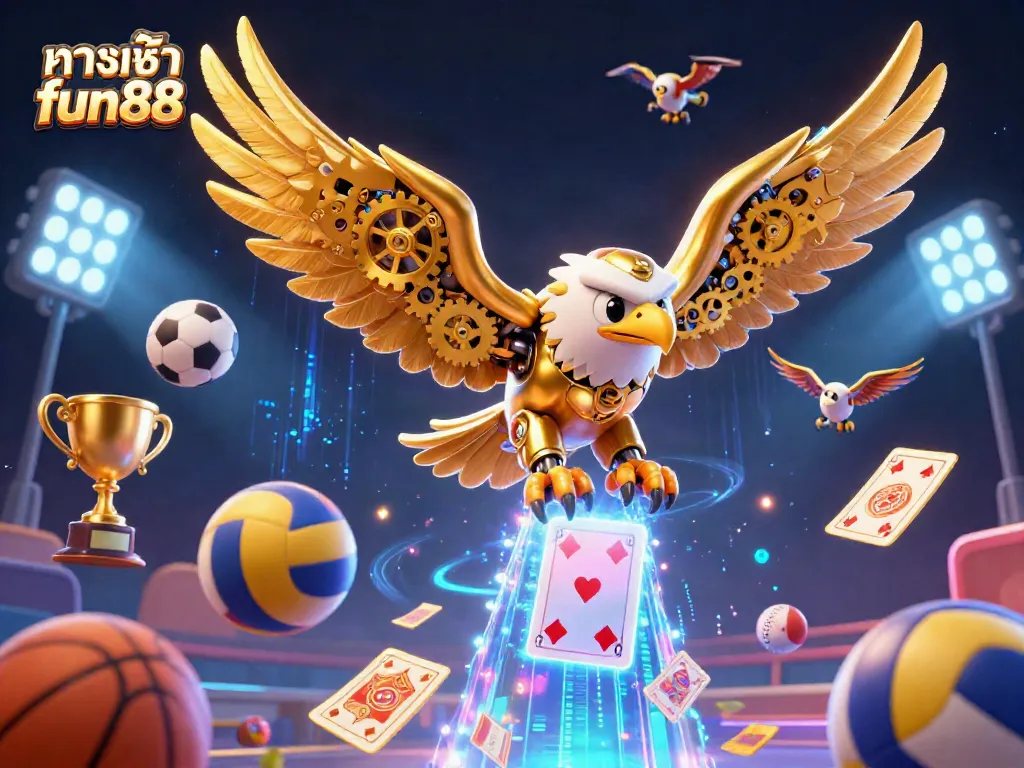 Engage in dynamic sports betting with ทางเข้า fun88 featuring the golden eagle and flying sports elements.