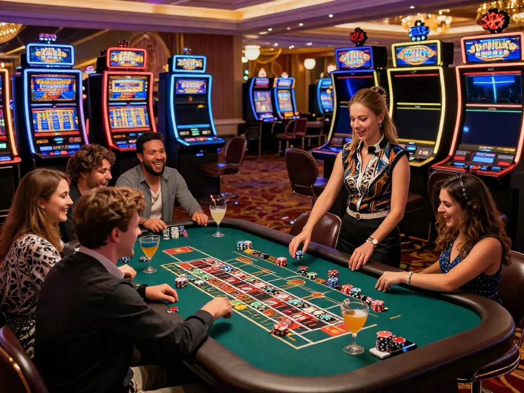 Casino Gratuit sans depot gaming scene with players enjoying roulette and slots in lively atmosphere.
