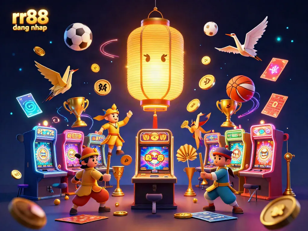Engage with rr88 dang nhap at an animated casino, showcasing vibrant characters amidst flying games and lucky symbols.