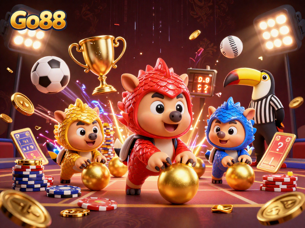 Go88 pangolins compete in a vibrant casino-themed scene with poker chips and sports elements.
