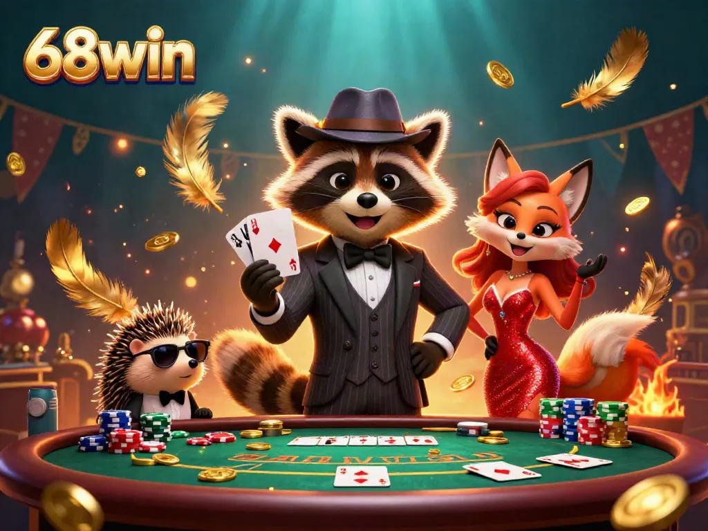 Join the action with 68win's royal flush winner raccoon and golden chips in a vibrant casino scene.
