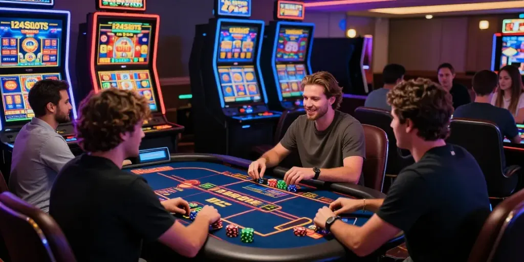 Engaged players enjoying an exciting session at i24Slots Casino with vibrant slot machines illuminated.
