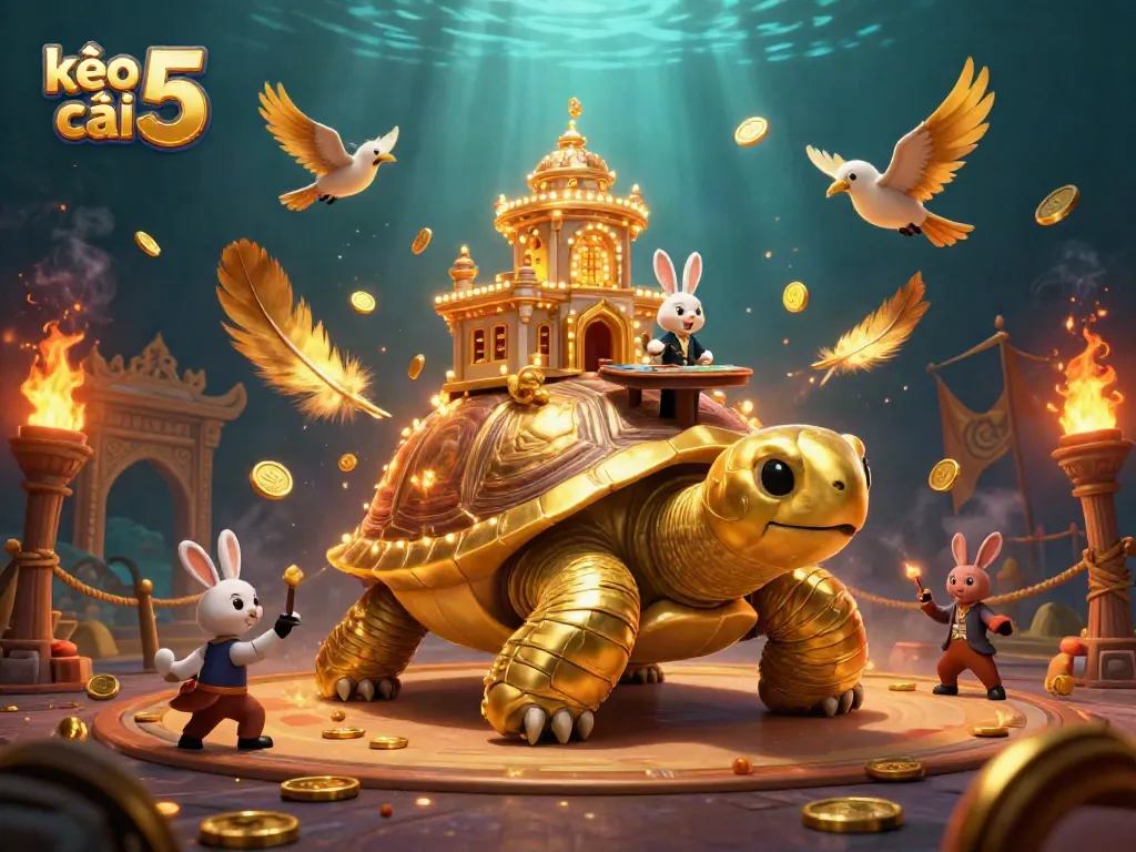 Experience the excitement of betting with kèo nhà cái 5, featuring a golden tortoise casino and rabbit dealer.
