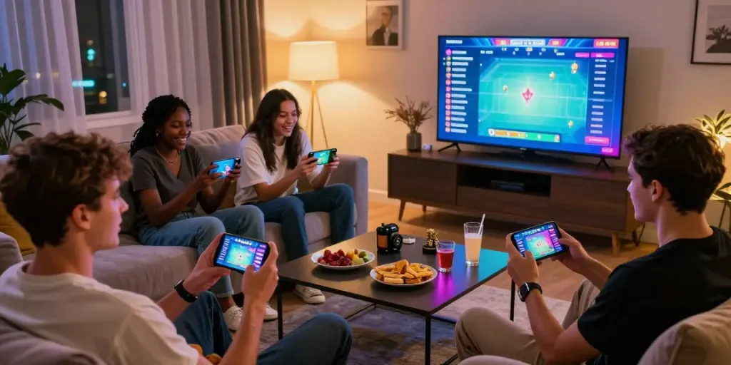 Players enjoying an engaging game of 3 patti no1 on mobile devices during a lively gathering.